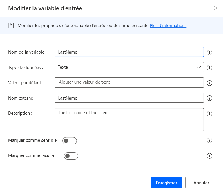 Capture d’écran de la boîte de dialogue permettant de modifier les variables d’entrée et de sortie.