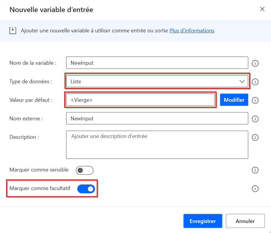 Capture d’écran de la configuration d’entrée de la liste pour utiliser Vide comme valeur par défaut.