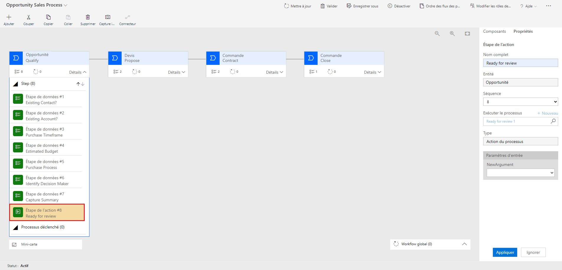 Action ajoutée au flux de processus métier de l’opportunité.