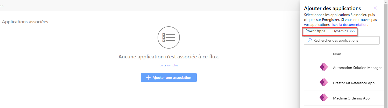 Capture d’écran montrant les onglets Power Apps et Dynamics 365.
