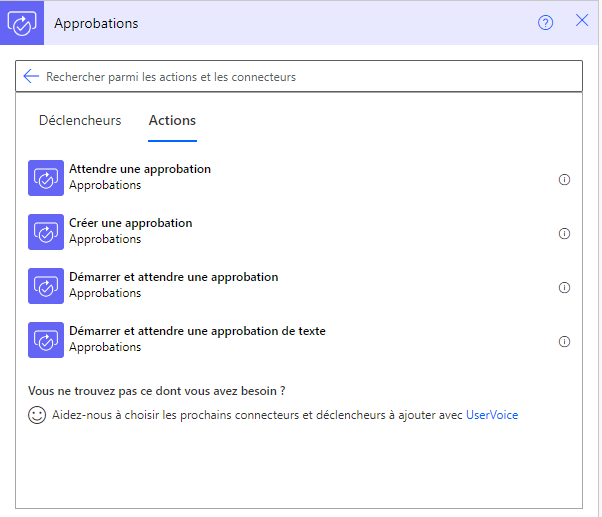 Capture d’écran affichant les actions Créer une approbation, Démarrer et attendre une approbation et Attendre une approbation.