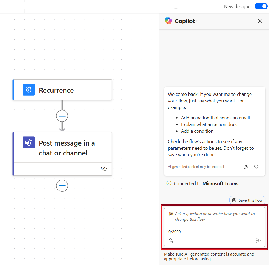 Capture d’écran du concepteur de flux de cloud avec Copilot qui montre votre flux.