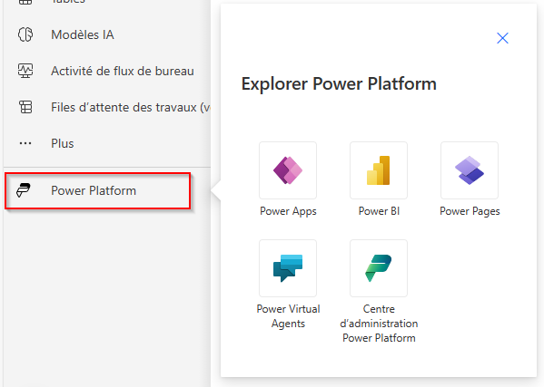 Capture d’écran des services Power Platform.