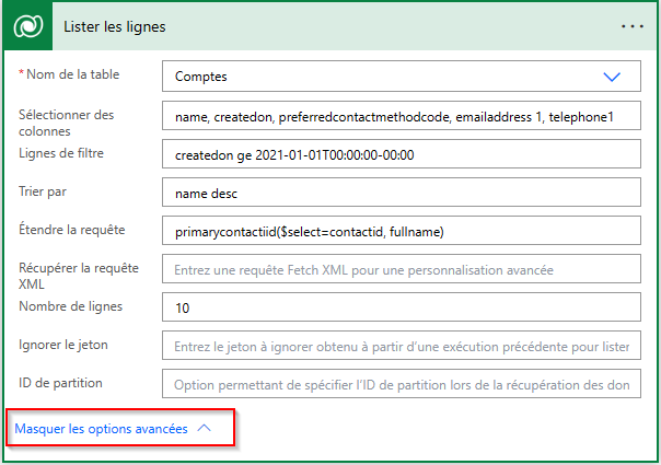 Capture d’écran des options avancées dans la carte Lister les lignes.