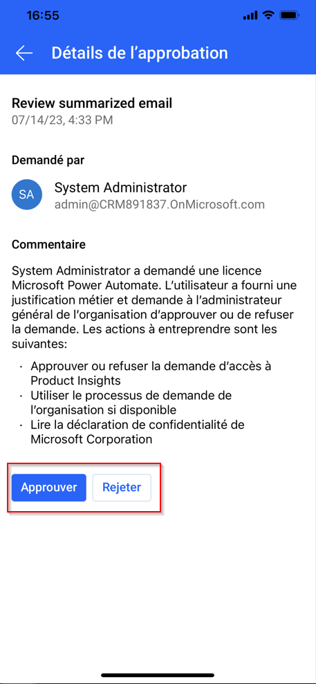 Capture d’écran de l’écran Détails de l’approbation.