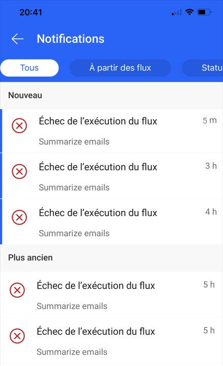 Capture d’écran des notifications dans l’application mobile Power Automate.