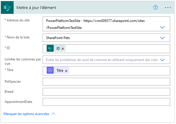 mettez à jour la configuration de l’élément.