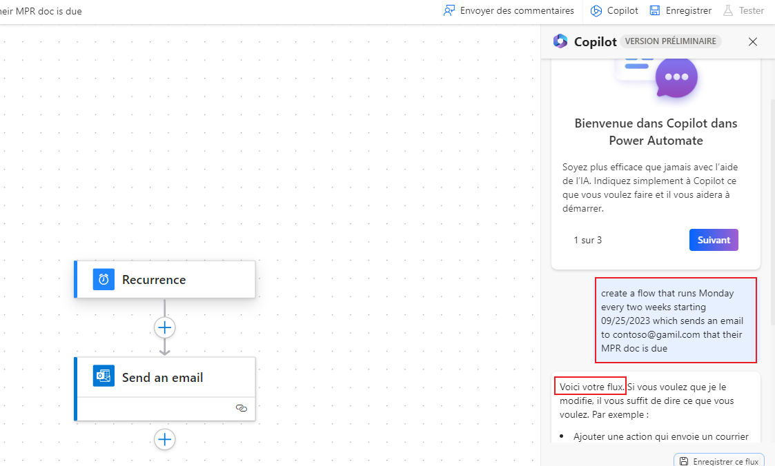 Capture d’écran d’une invite pour créer un flux planifié dans le volet Copilot.