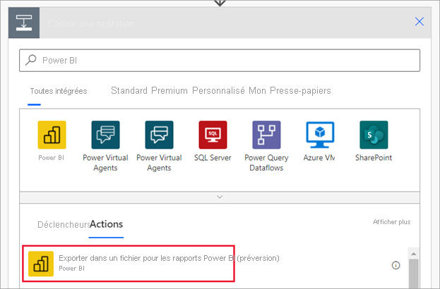 Capture d’écran montrant la boîte de dialogue Power Automate dans laquelle choisir une opération. L’option Exporter vers un fichier pour les rapports Power BI est mise en évidence.