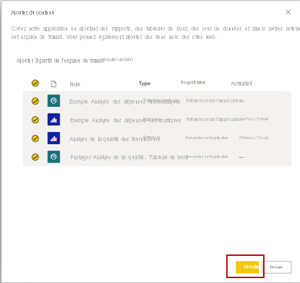 Capture d’écran de la fenêtre contextuelle montrant une liste de contenu.