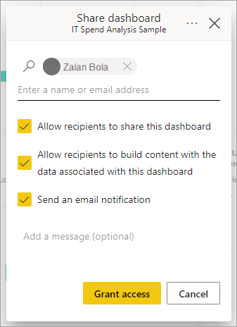Capture d’écran de la boîte de dialogue Accorder l’accès à un tableau de bord.