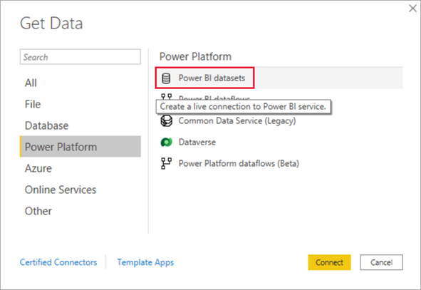 Capture d’écran de l’obtention de données à partir de modèles sémantiques Power BI.