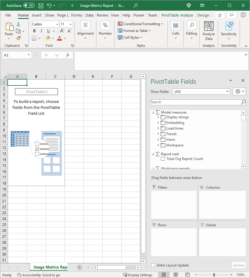 Capture d'écran de PivotTable dans Excel.