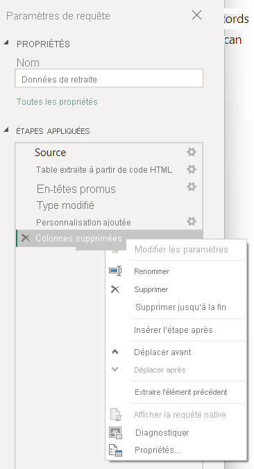 Capture d’écran du menu contextuel Étapes appliquées de l’Éditeur Power Query.