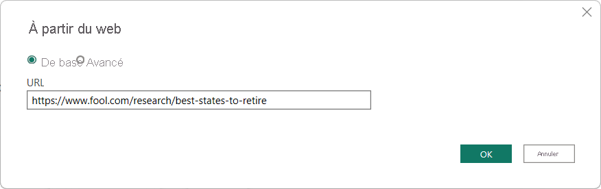Capture d’écran de la boîte de dialogue À partir du web de l’Éditeur Power Query avec l’URL de la page source entrée.