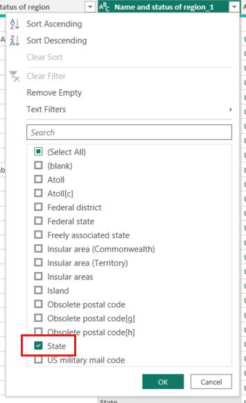 Capture d’écran de l’Éditeur Power Query montrant un filtre de colonne avec uniquement la valeur State sélectionnée.