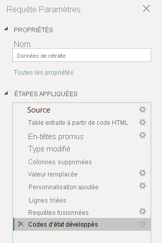 Capture d’écran de Éditeur Power Query avec le volet Paramètres de la requête et la liste Étapes appliquées.