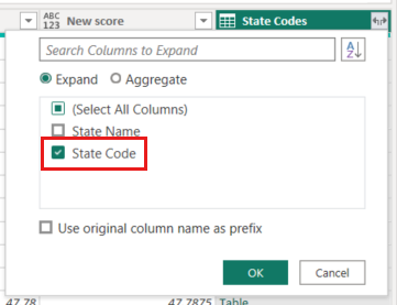 Capture d’écran de la boîte de dialogue Développer de l’Éditeur Power Query avec la colonne State Code mise en évidence.