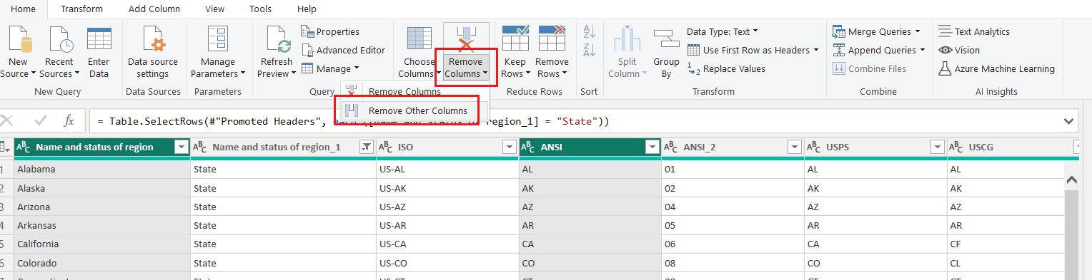 Capture d’écran de l’Éditeur Power Query mettant en évidence la liste déroulante Supprimer des colonnes et l’élément Supprimer les autres colonnes.