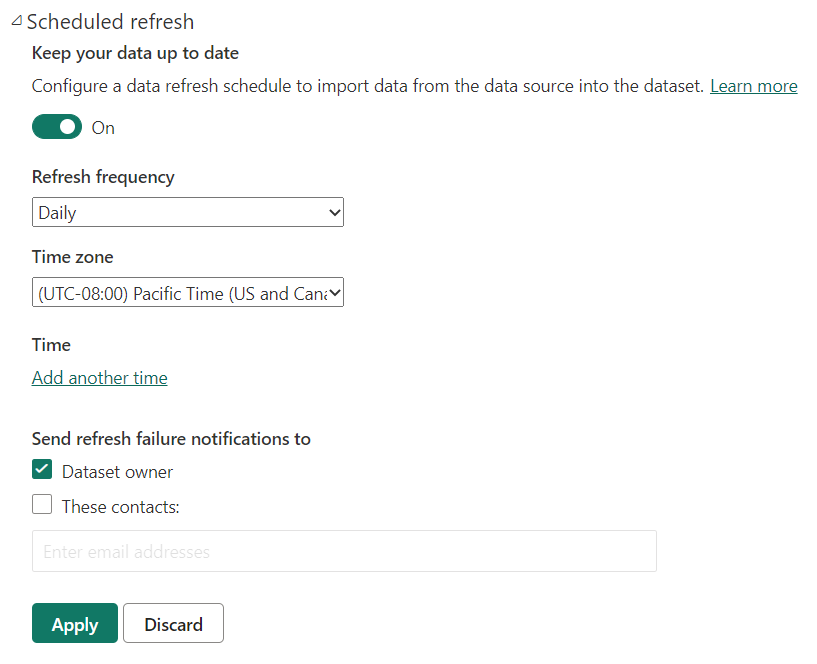 Capture d’écran de la boîte de dialogue Planifier l’actualisation de service Power BI.