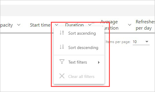 Screenshot shows the Sort ascending, Sort descending, and text filters options for column headers.