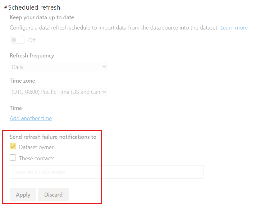 Capture d’écran de la zone d’administration pour la modification des notifications d’actualisation par e-mail Power BI.