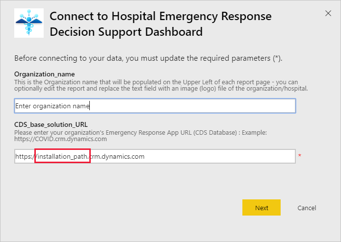 Hospital Emergency Response Decision Support Dashboard app URL dialog