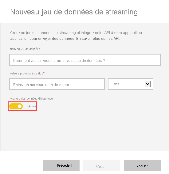 Screenshot of the New streaming semantic model, showing Historic data analysis enabled.