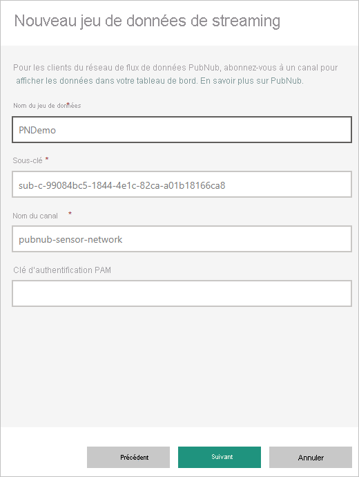 Screenshot of the New streaming semantic model dialog, showing how to create a Semantic model name and entries in the Sub-key and Channel name fields.