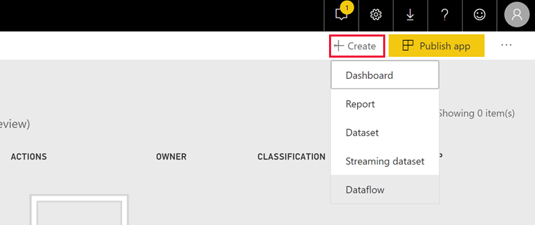 Screenshot shows the Power BI workspace with Create, then Dashboard, selected.