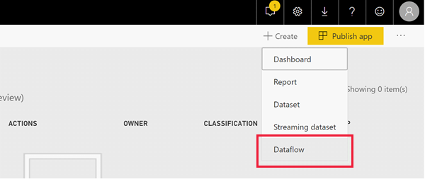 Screenshot shows the Power BI workspace with Create, then Dataflow, selected.