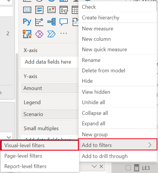 Screenshot of the options menu, highlighting Add to filters and Visual-level filters.