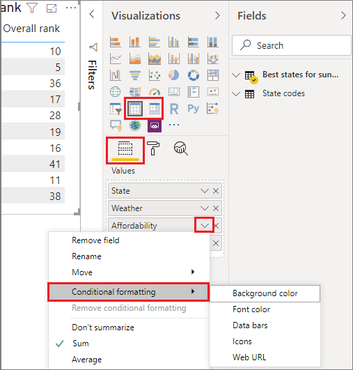 Conditional formatting menu