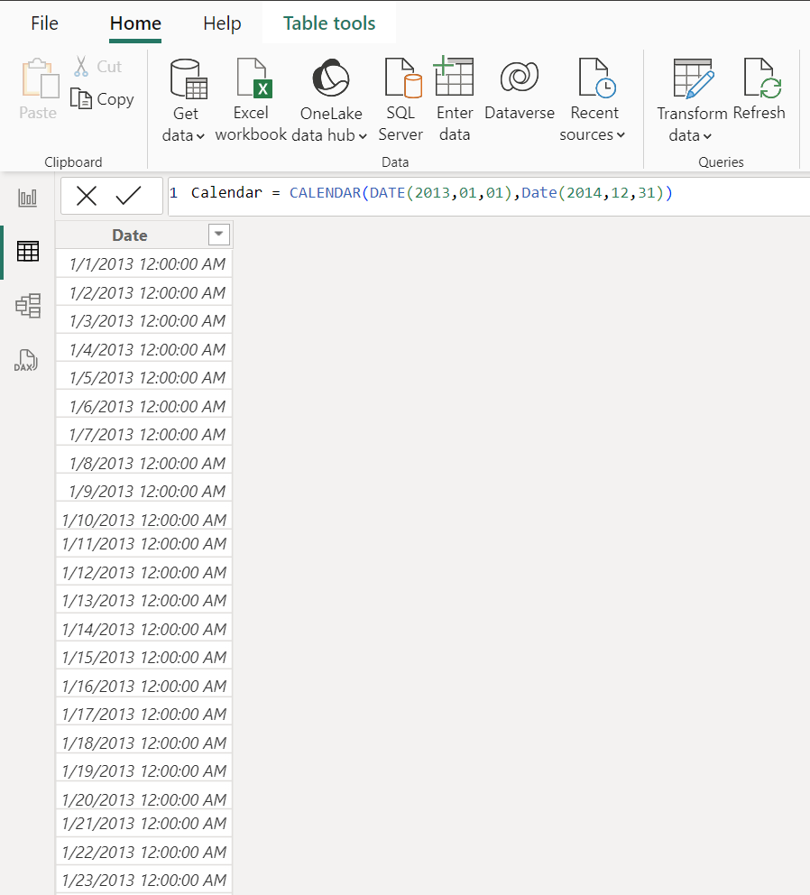 Capture d’écran du calendrier que vous avez créé avec l’expression DAX.