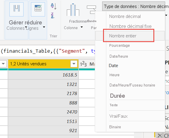 Capture d’écran de la modification d’un nombre décimal en nombre entier.