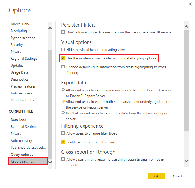 Capture d’écran du menu Options, mettant en surbrillance les paramètres du rapport et la case à cocher Utiliser l’en-tête visuel moderne avec les options de style mises à jour.