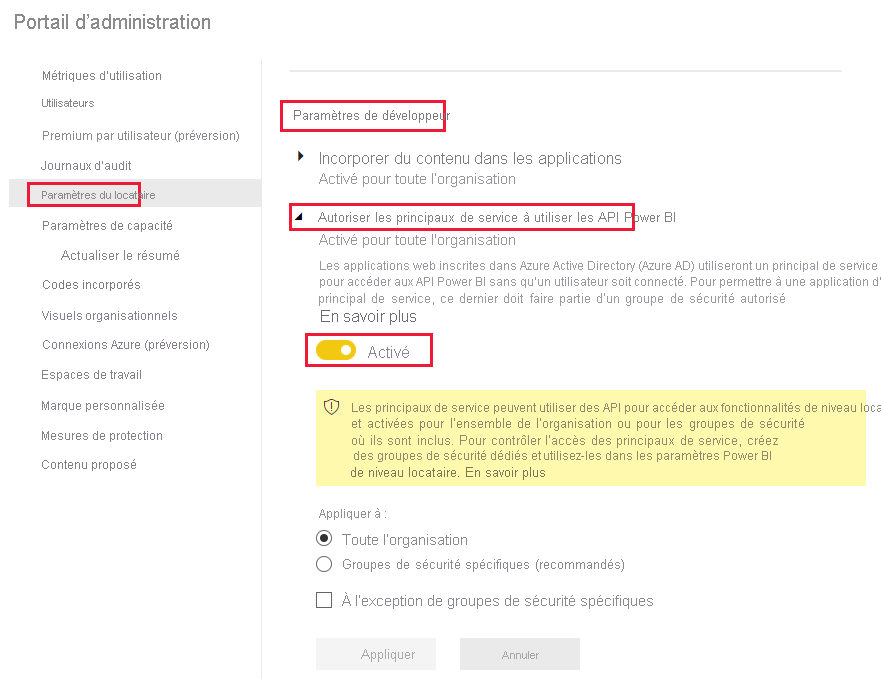 Capture d’écran montrant comment activer l’option des paramètres de développeur, dans l’option de menu Paramètres du locataire, dans le service Power BI.