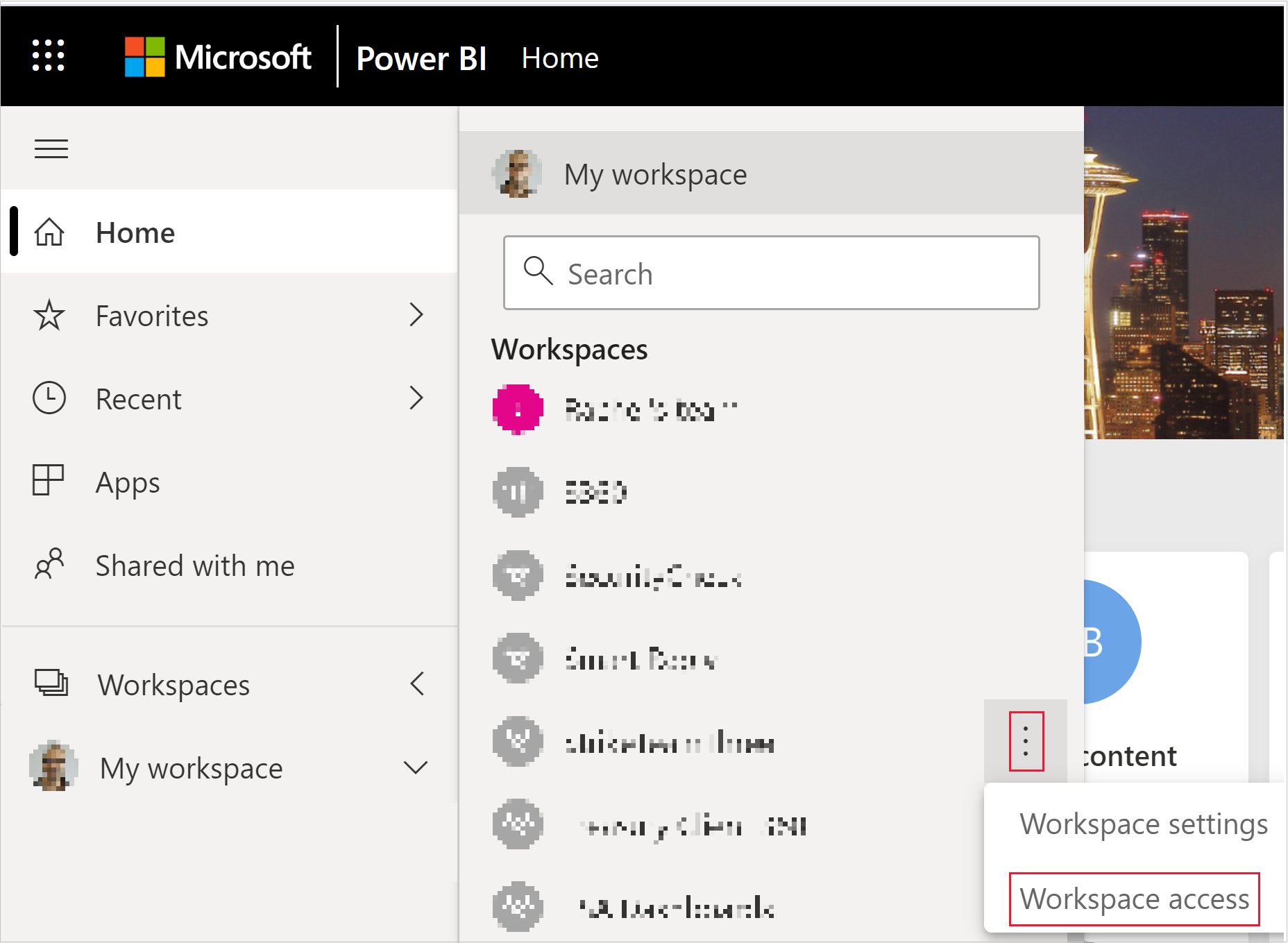 Capture d’écran montrant le bouton d’accès à l’espace de travail dans le menu Plus d’un espace de travail Power BI.