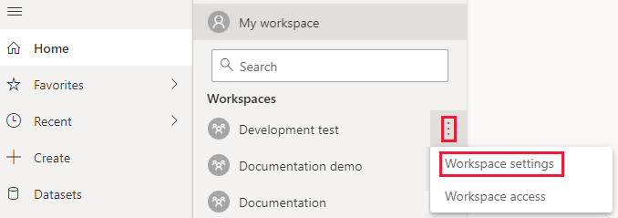 Capture d’écran du service Power BI, avec le menu Plus d’un espace de travail développé. Dans ce menu, les points de suspension et les paramètres de l’espace de travail sont mis en surbrillance.