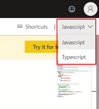 Capture d’écran du menu pour sélectionner JavaScript ou TypeScript.