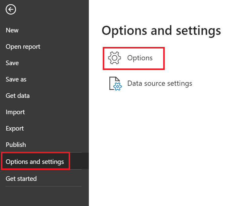 Capture d’écran du menu Options dans Power BI Desktop.