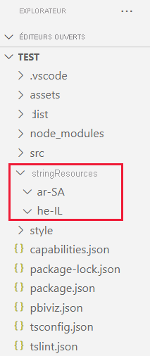 A VS code screenshot of a visual project folder.The string resources folder has two sub folders, one for Arabic and one for Hebrew.