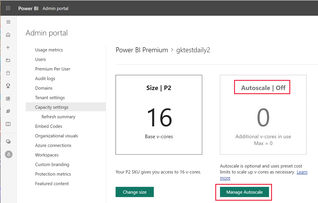 Capture d’écran du portail d’administration Power BI montrant les paramètres de capacité. La mise à l’échelle automatique désactivée et le bouton Gérer la mise à l’échelle automatique sont mis en évidence.