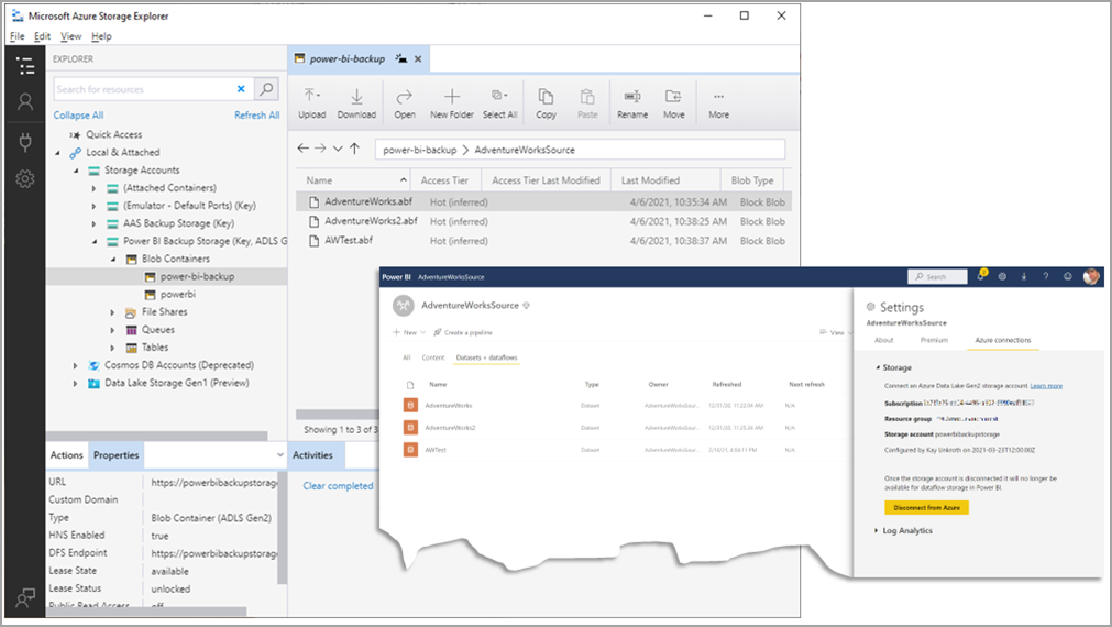 Capture d’écran de l’Explorateur Stockage Azure avec une sauvegarde sélectionnée. Une partie de la fenêtre Power BI affiche la boîte de dialogue des paramètres.