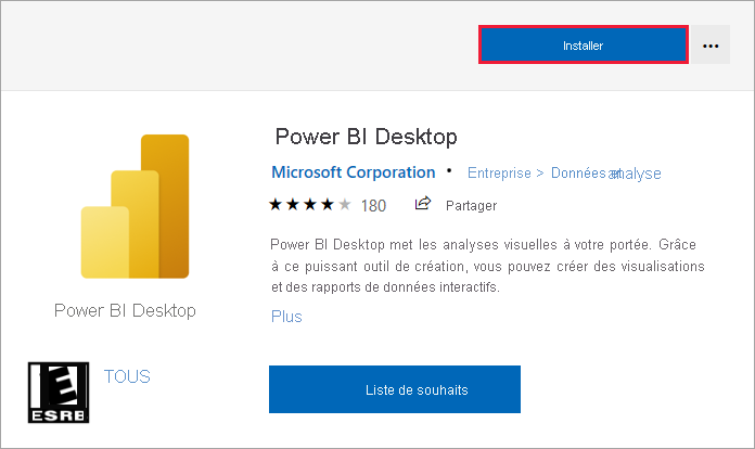 Capture d’écran de Microsoft Store montrant l’option d’installation de Power BI Desktop.