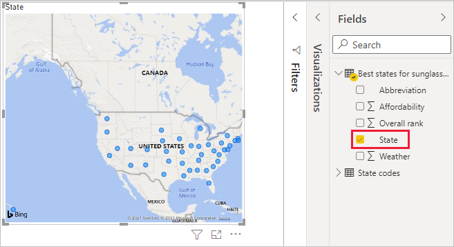 Screenshot of Power B I Desktop showing the Drag State field to create a map visualization.