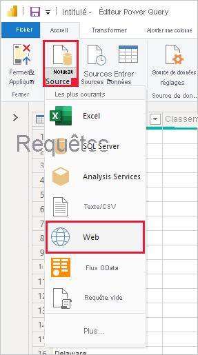 Screenshot of Power B I Desktop showing the Power Query Editor selecting Web from New Source.