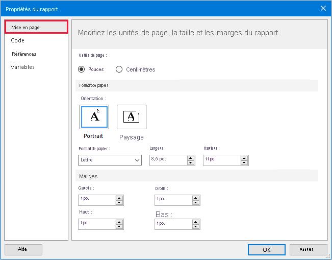 Image shows the Report Properties window, highlighting the Page Setup page.