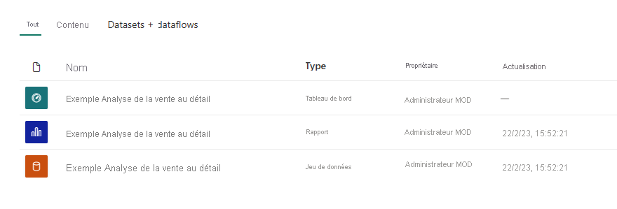 Screenshot shows dashboard, report, and semantic model for Retail Analysis Sample.