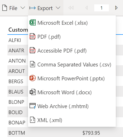 Capture d’écran de la liste des formats d’exportation disponibles.